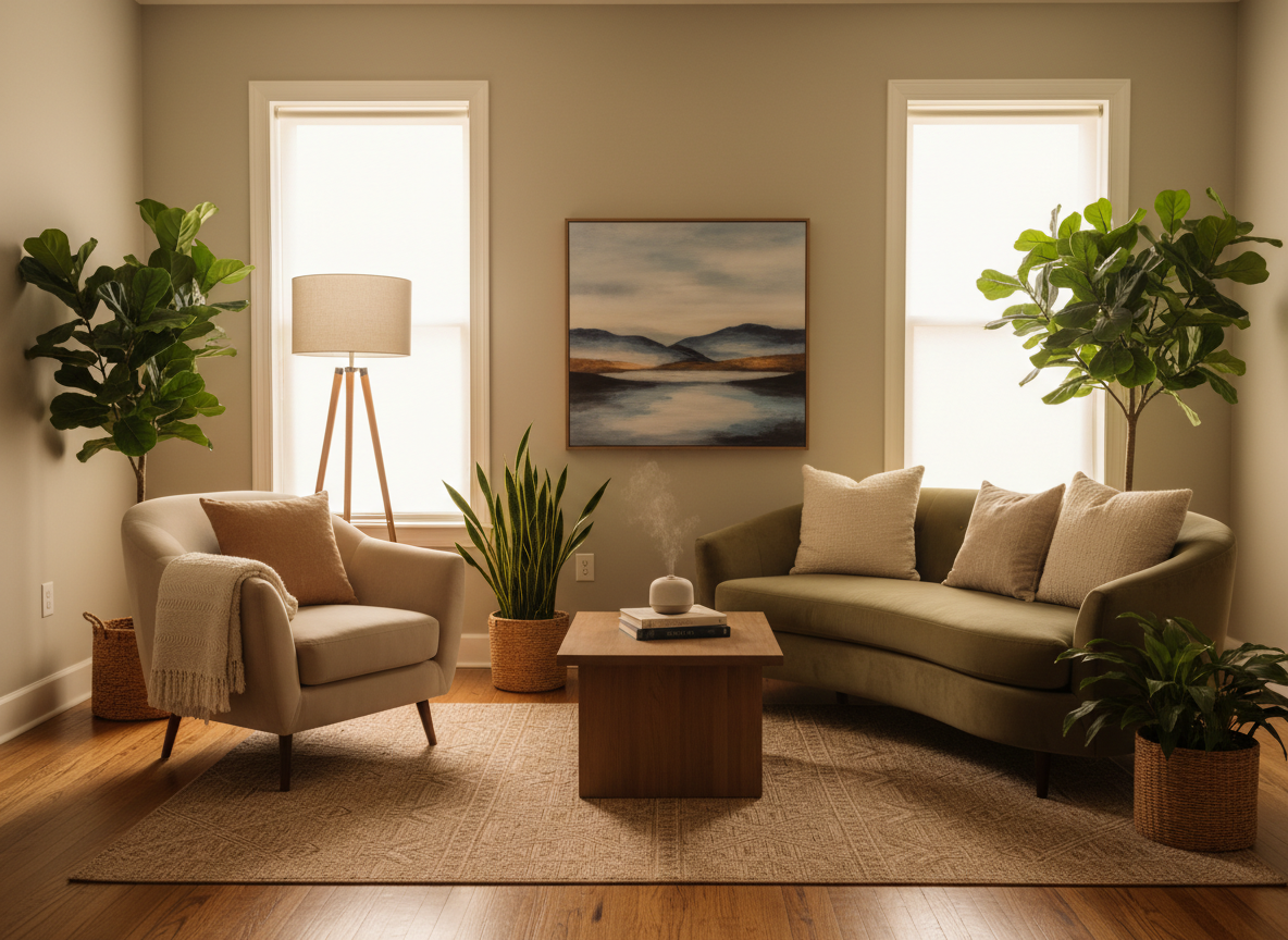 a warm, inviting therapy office with a comfortable armchair and sofa, soft lighting, plants, and minimal decor, no people present